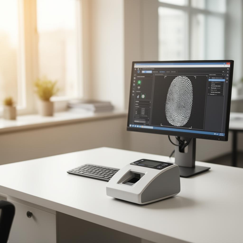 Live Scan fingerprinting technician capturing electronic fingerprints for a healthcare worker in Orange, CA
